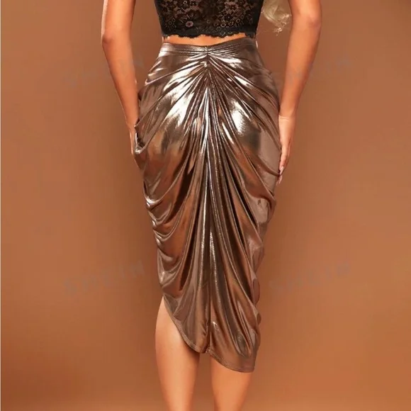 Metallic Gold Scrunch Gathered Fancy Midi Party Skirt - Picture 3 of 4
